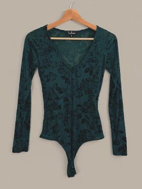 Lulus Sheer Floral Burnout Bodysuit | Teal Long Sleeve Mesh Top | Small